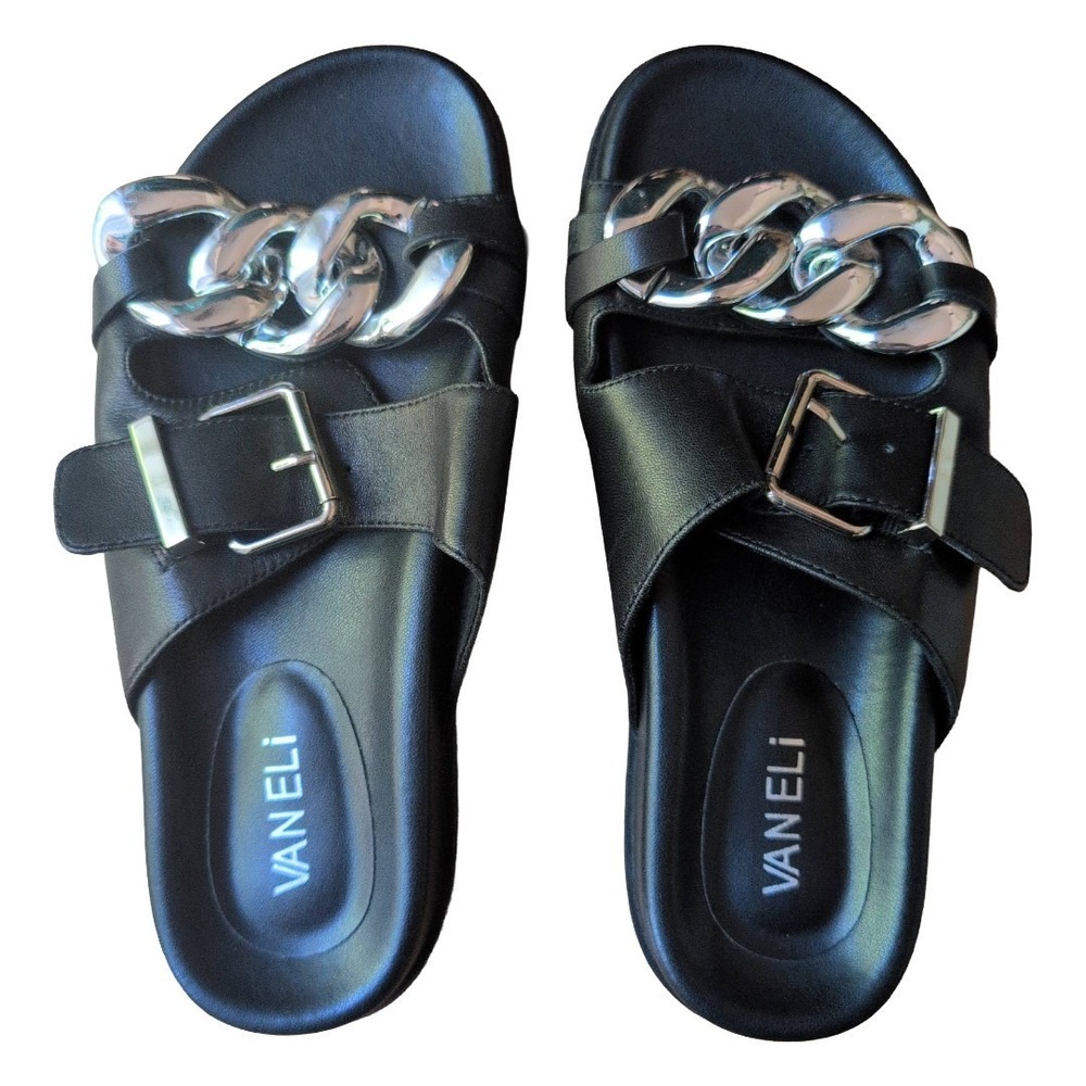 Van Eli Black Chunky Silver Chain Buckle Flat Sandles Size 7